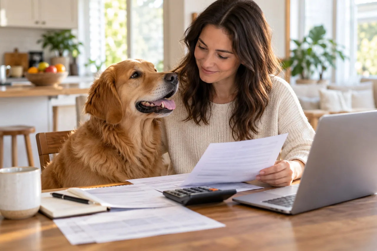 Owner reviewing a document beside a dog at home
