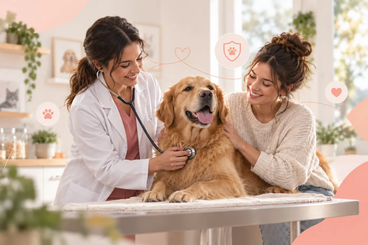 Veterinarian examining a golden-colored dog beside its owner